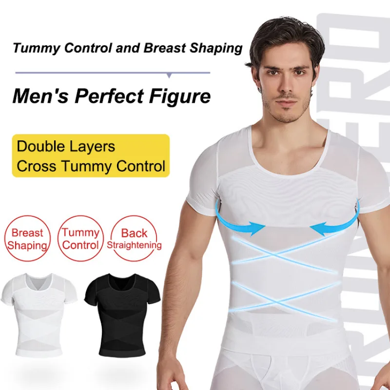 

Men's Cross Tummy Mesh Tight Body Shaper Vest Short Sleeve Beer Belly Short Sleeve Body Shaping Vest