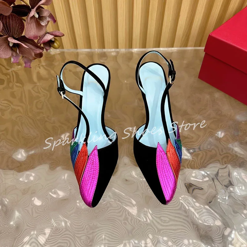

Fashion Mixed Color Applique Pointed Toe Women Pumps Back Strap High Heel Slingabck Pumps Ladies Catwalk Dress Sandals