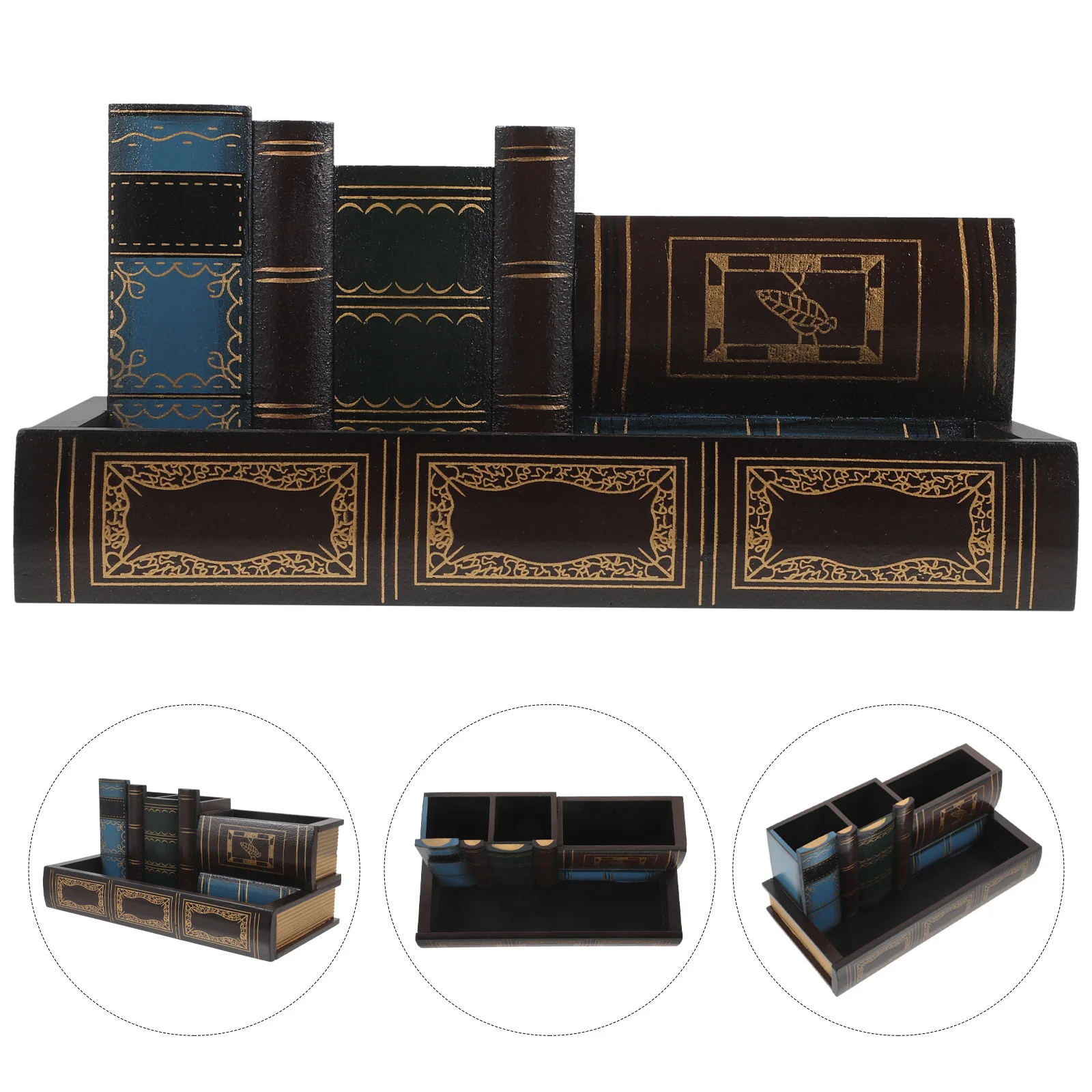 

Book Style Retro Wooden Desktop Organizer For Office School Stationery Storage Simulation Book Brush Pot Brush Pot