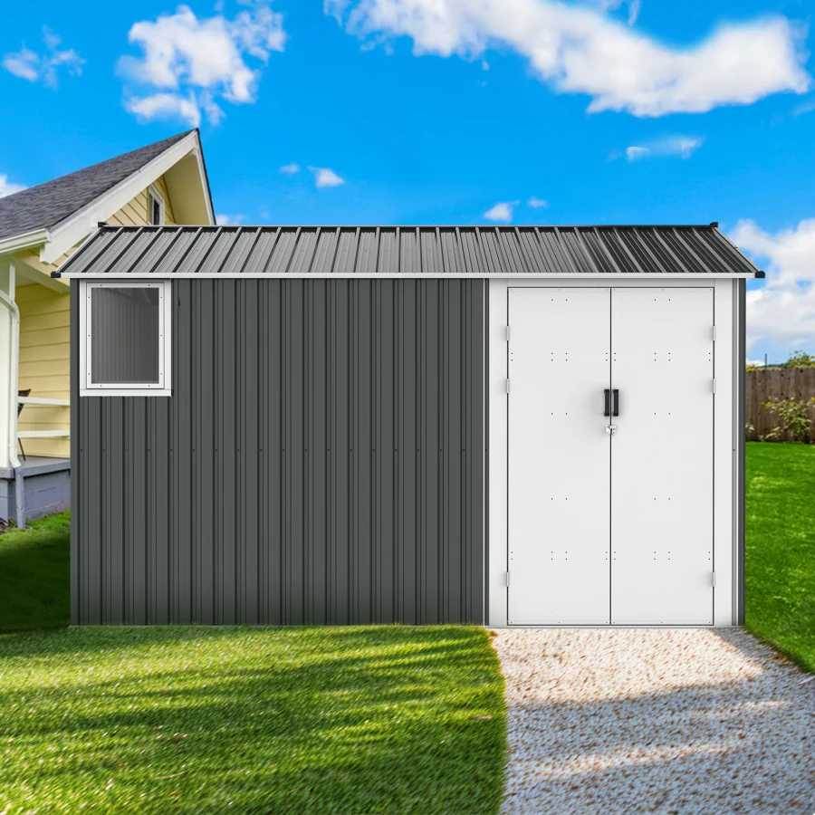 8x12 Ft Metal Outdoor Storage Shed with Window, Floor Base, Air Vents and Double Hinged Door For Garden, Backyard, Patio