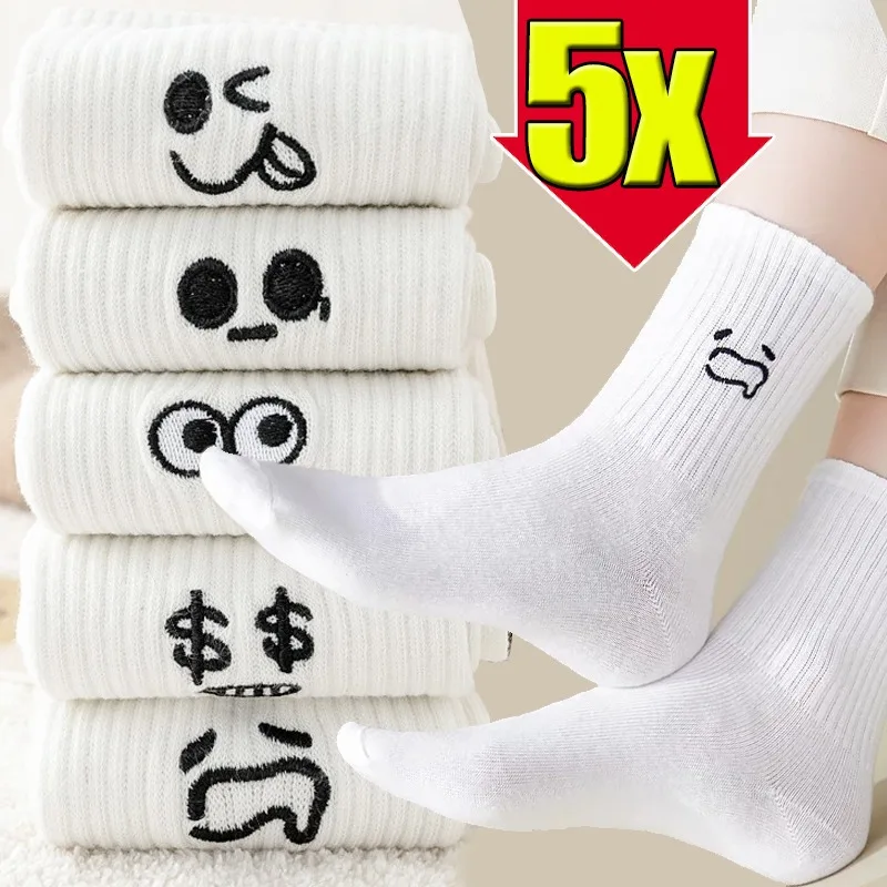 Cute Emotional Expressions Women\'s Warm Socks White Kawaii Stocking Embroidered Mid Length Socks Pattern Cotton Lady Sports Sox