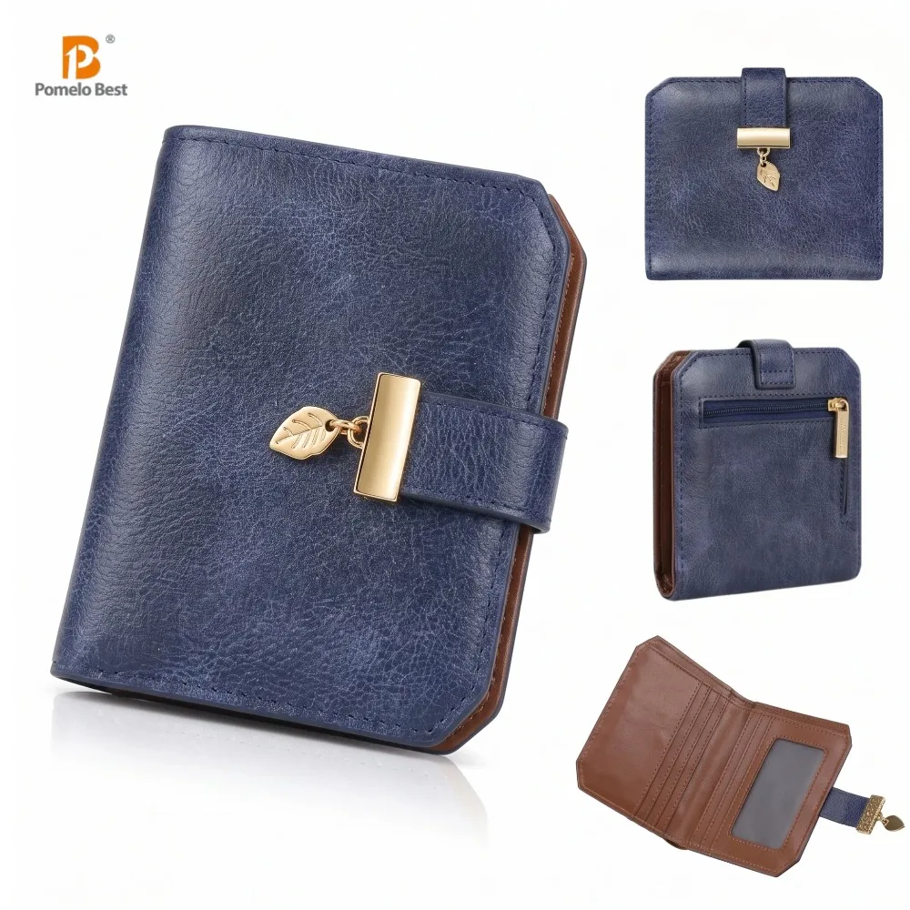 Pomelo Best RFID Blocking Vintage Navy Women Leather Wallet Leaf Pendant 6 Card Slots ID Window Coin Pocket Mini Bifold Purse