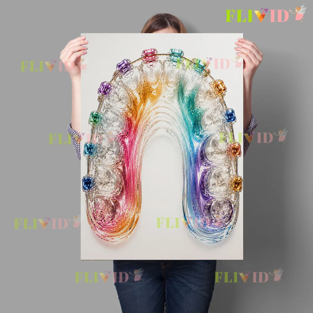 Dental Office Wall Art Canvas, Transparent Glass‑Style Teeth With Braces Poster,Colorful Art Print for Dentist Clinic Room Decor
