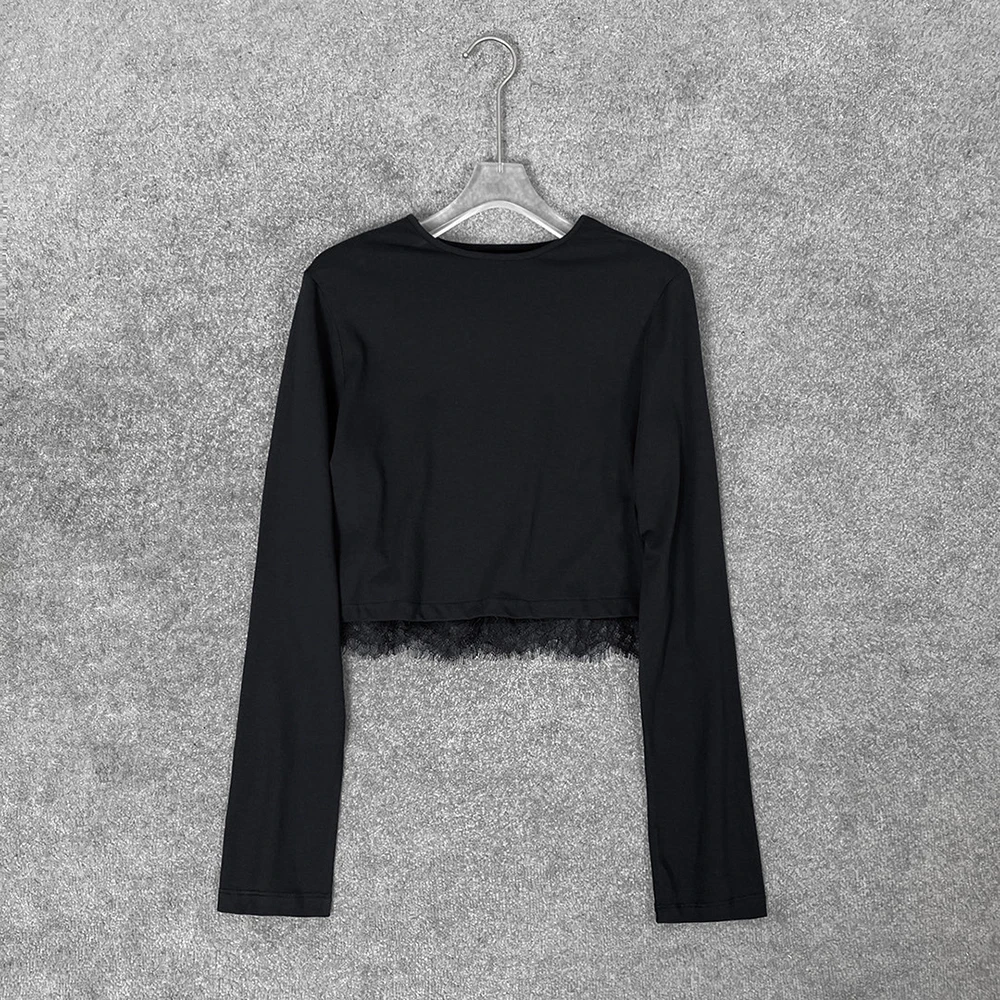 

Cotton Blend Women's T-Shirt Y2k Lace Splicing Simple Elegant Commuter Round Neck Long Sleeve Tees Top 2025 Summer New