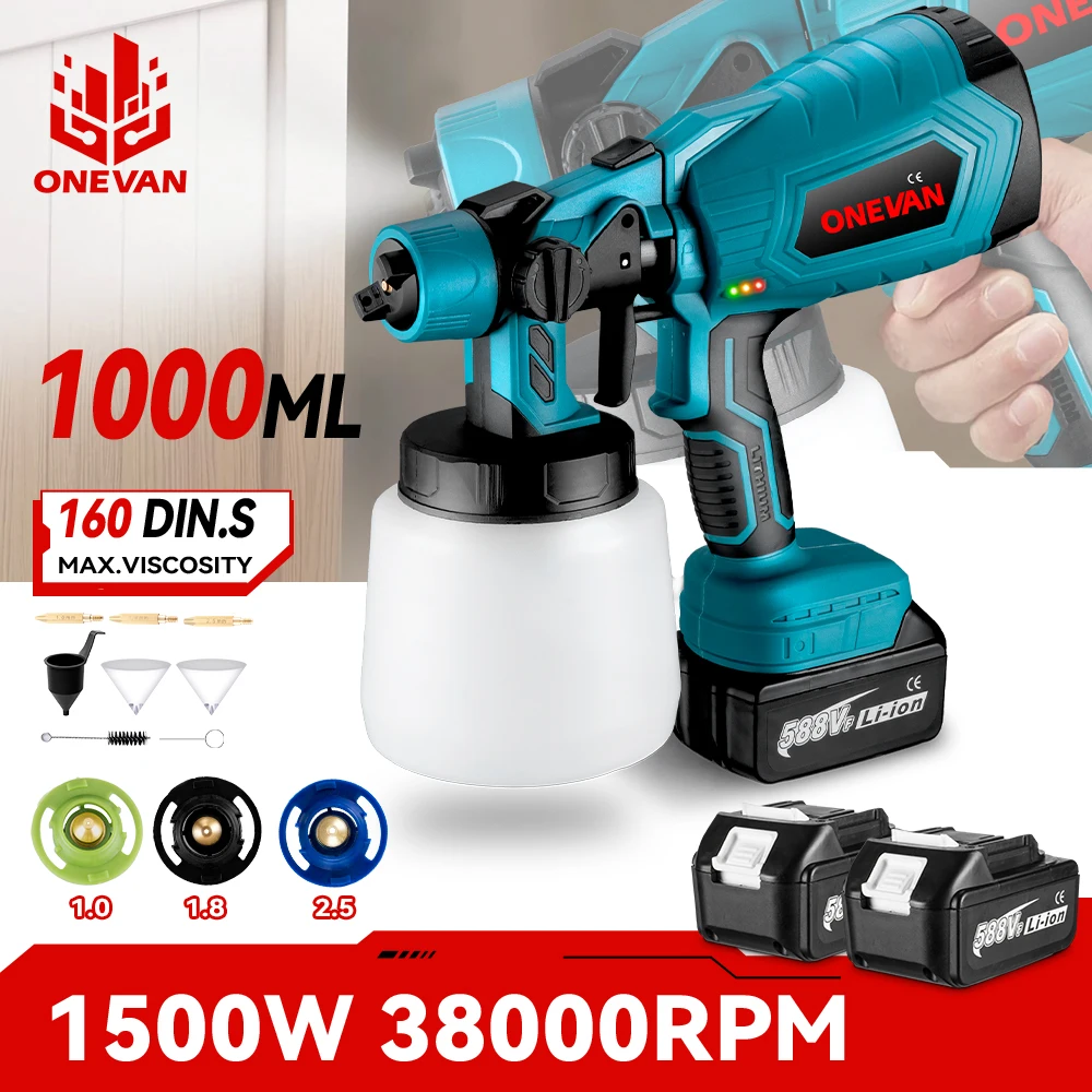 Электрический пистолет-распылитель 1000 мл, беспроводной распылитель краски HVLP, автомобильная мебель, стальное покрытие, аэрограф для батареи Makita 18 В