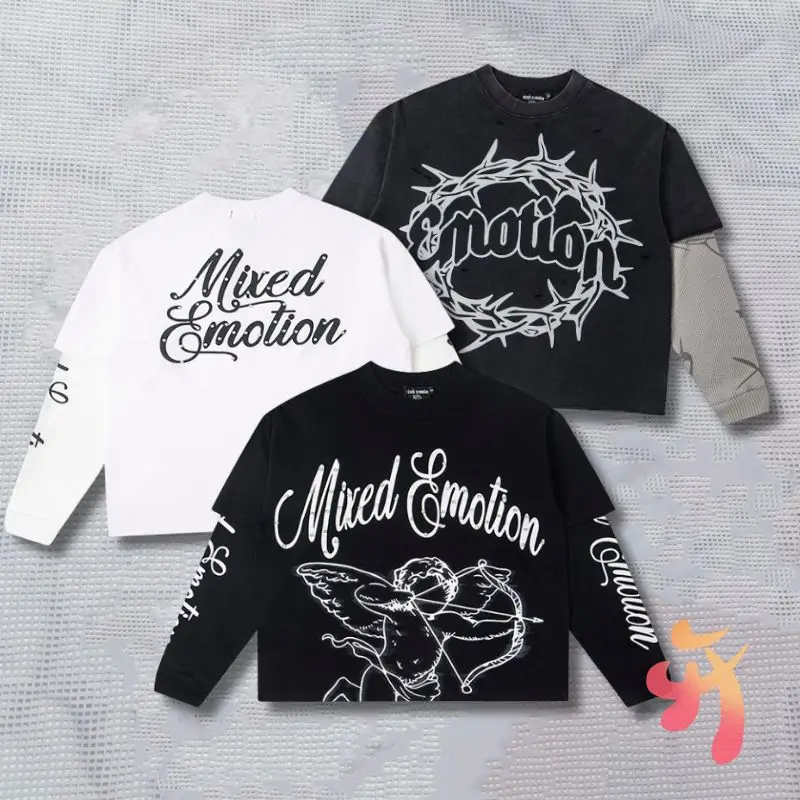 

Fashion Street MIXED EMOTION Sweatshirts Cotton Hot Drill Archery Angel Print Patchwork Long Sleeve Tshirts Men Women Tops