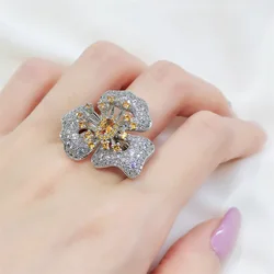 Delicate 925 Sterling Silver Glittering Yellow Zircon Flower Ring Ladies 4 Claw Zircon Ring Party Birthday Fashion Jewelry Gift