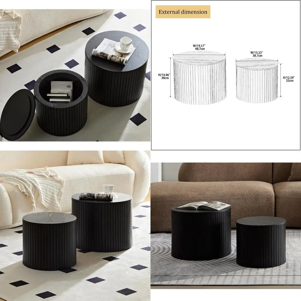 

Modern Living Room Circle Drum Coffee Table Set, 2-Piece Nesting Tables with Storage, Contemporary Black