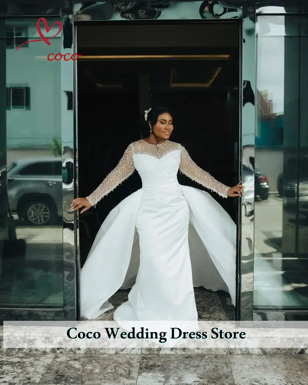 

Customized Exquisite Plus Size White Mermaid Wedding Dress Beaded Sheer Detachable Train Bridal Gowns Dresses