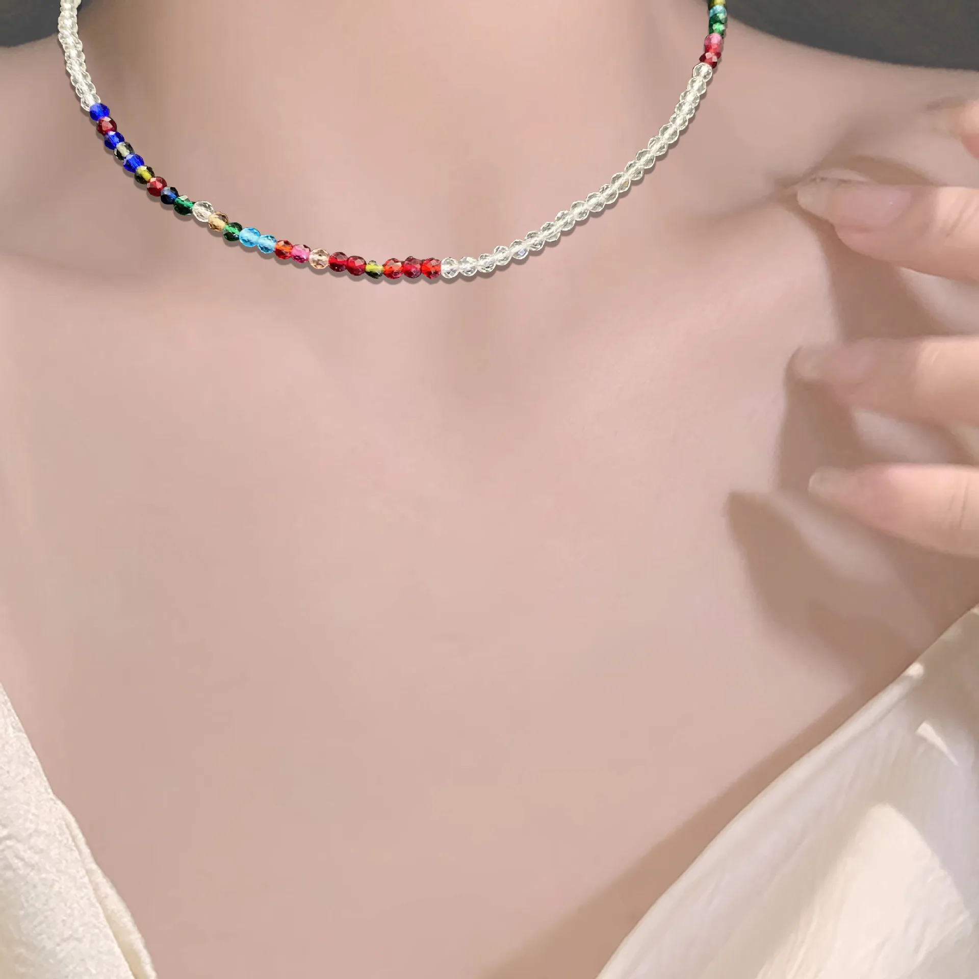 

Crystal color necklace collarbone chain wine multi-color niche design small fresh elegant fashion