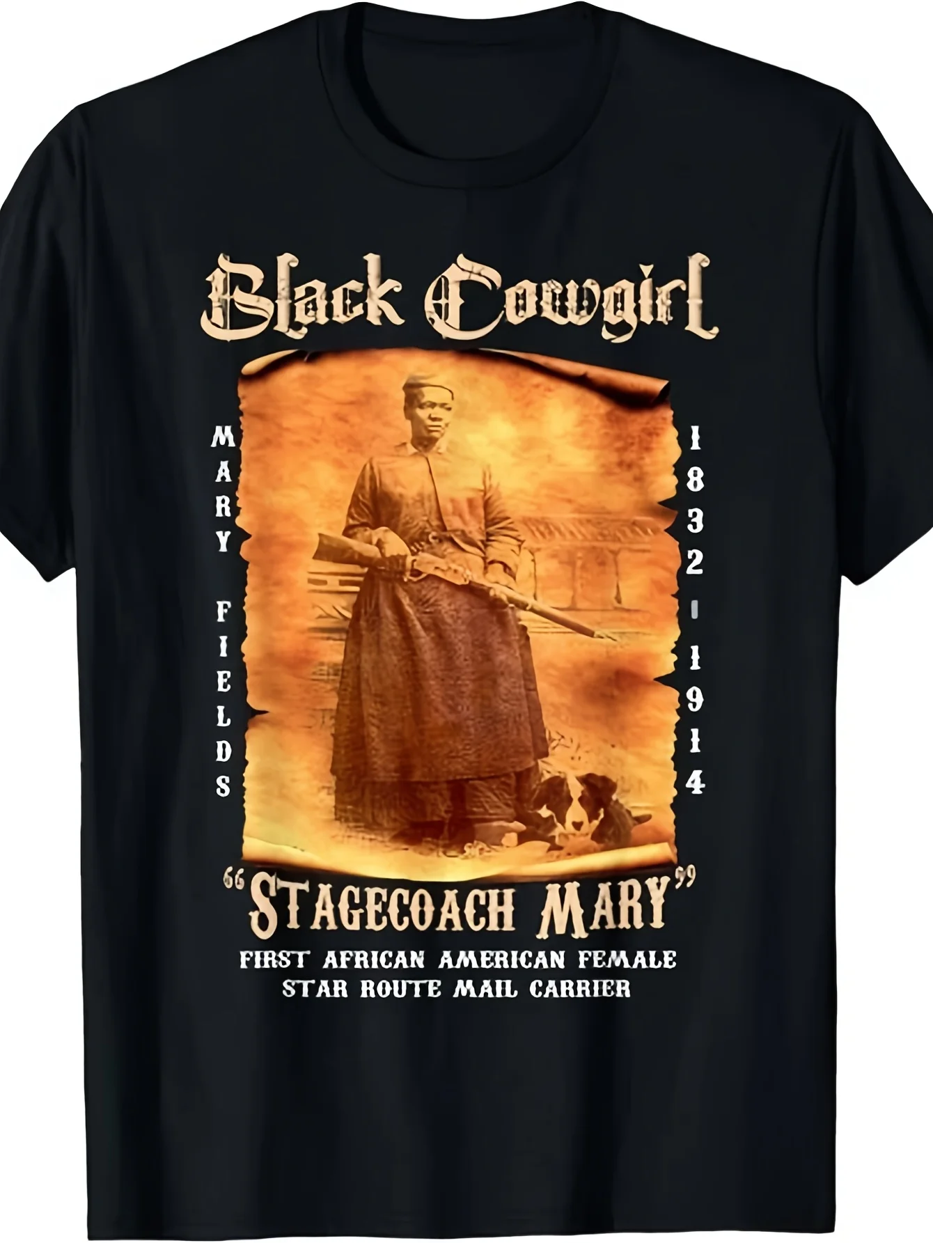T-Shirt Featuring Stagecoach Mary Fields, A Black Cowgirl From The Old West, Celebrating Black History. Casual Unisex Tee for Daily Street Hip-Hop Style, 220G