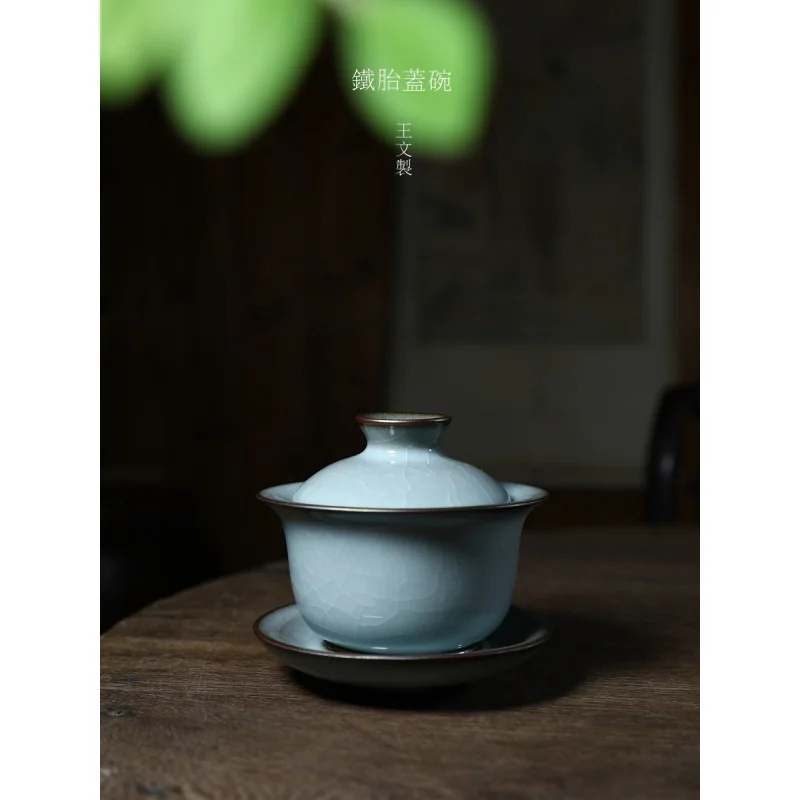 |Longquan Celadon Wang Wen Handmade Ge Kiln Enameled Cast Iron Tureen Tea Ceremony Bowl Large Tea Set Tea Brewing Bowl Porcelain