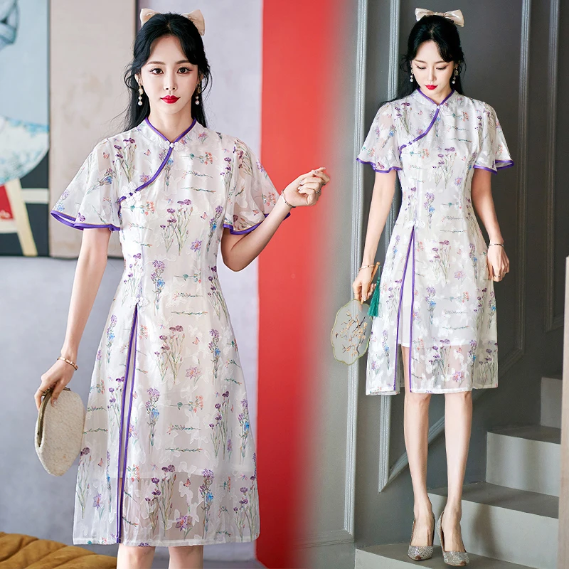 Chinese Traditionele Stijl Retro Qipao Jurk Zomer Mode Nieuwe Korte Mouw Verbeterde Jonge Cheongsam