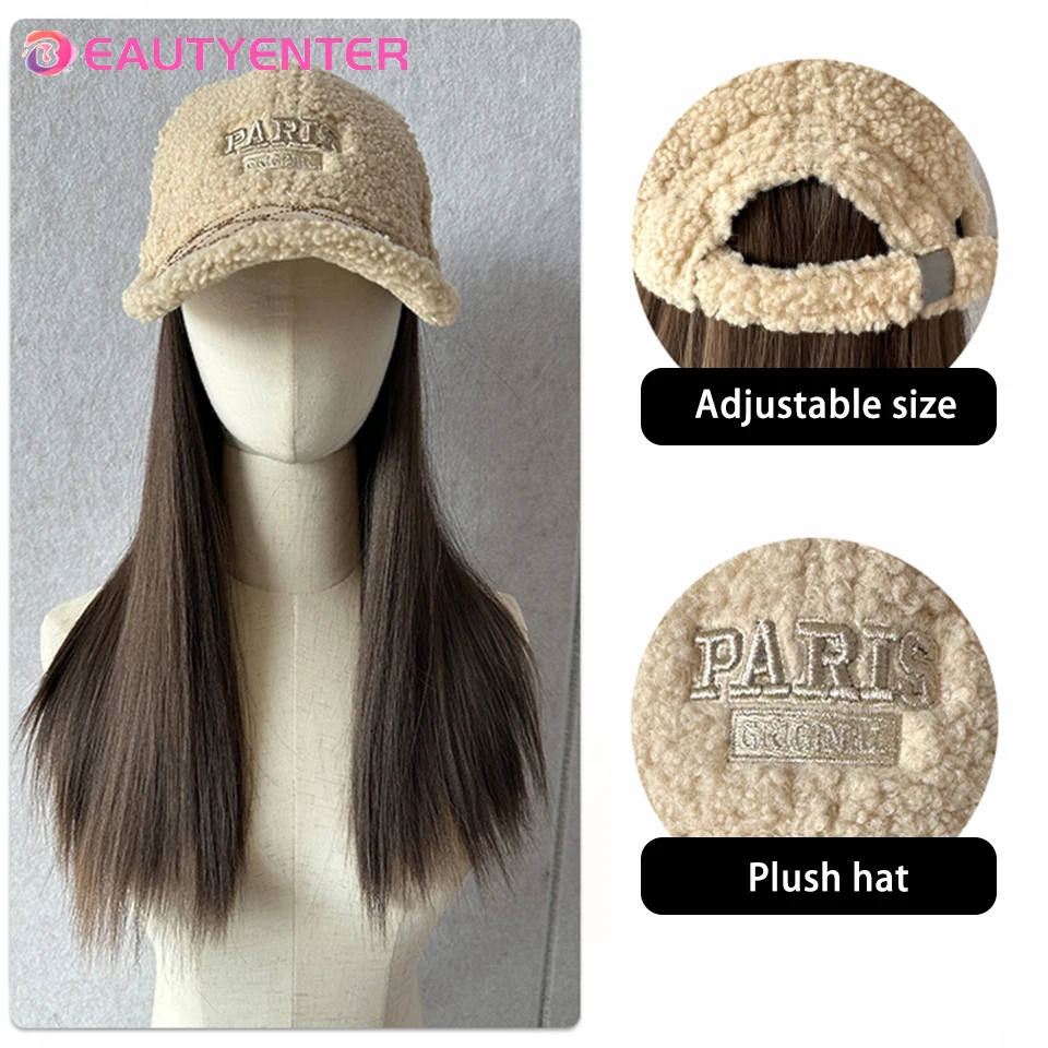 Sombrero con Peluca de pelo para mujer, gorro sintético, Beige, con lengua de pato y plumón de cordero, larga y recta, resistente al calor