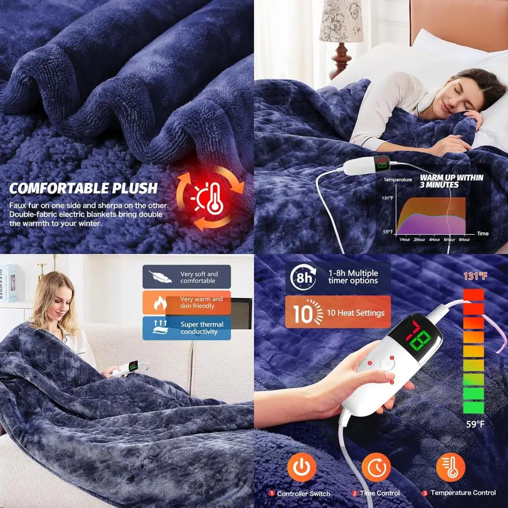 

Cobalt Blue Sherpa Electric Blanket, 5-Timer & 10-Heat Settings, 84x90, Ideal Warm Gift for Sofa & Bed