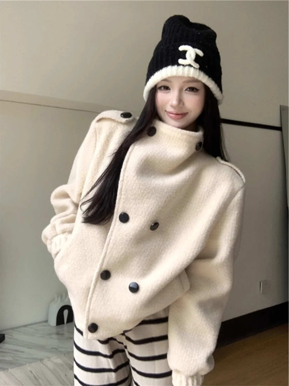 

Lamb Wool Jacket Women Mid Corduroy Foldable Sport Ladylike Kpop Notched Lapels Fresh Anti-Static Versatile Feather Simple Girls