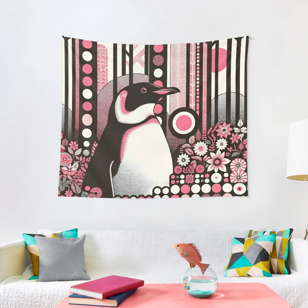 Cute Penguin In Pink Salmon Flower Forest Tapestry Home Decoration Accessories For Bedroom Bathroom Decor Tapestry