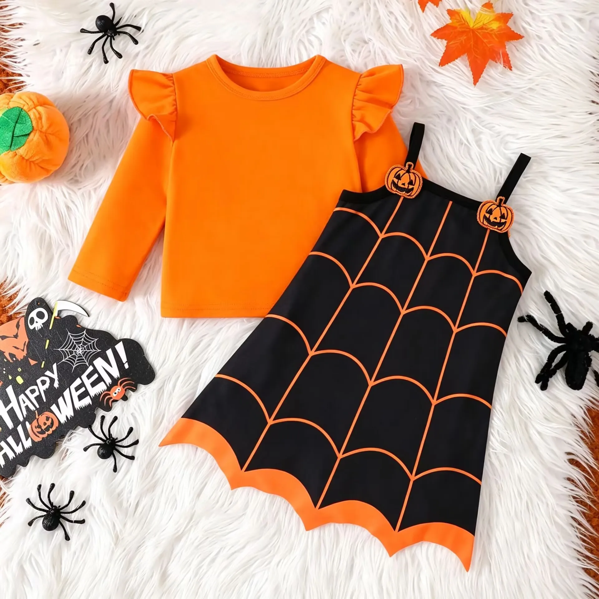 Baby Orange Black Halloween Spider Web Print Bat Wing Sleeveless Strap Top 2Pcs Set Carnival Masquerade Party Role Play Clothes