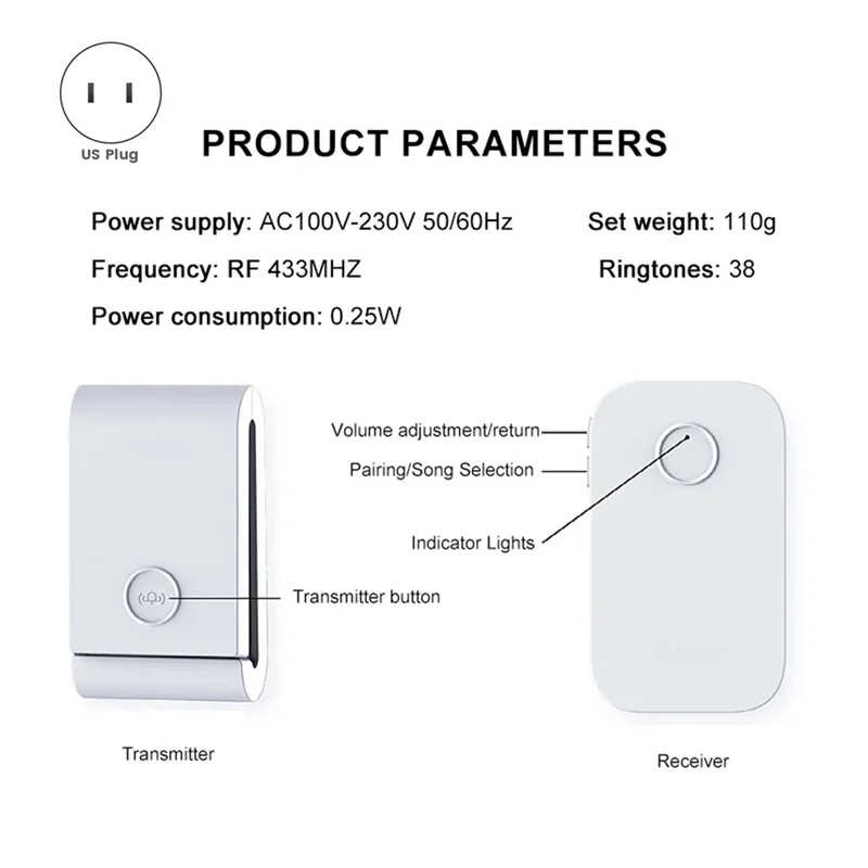 A45U 433 Mhz Self-Generating Wireless Doorbell 38 Ringtones Dingdong Doorbell Elderly Pager For Smart Home
