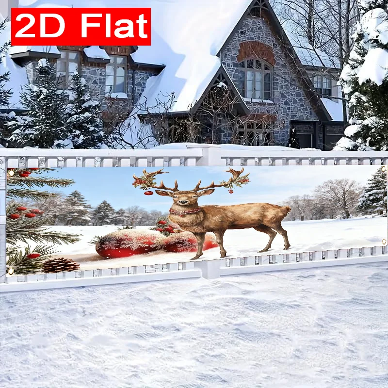 1pc 2D Flat Winter Wonderland Christmas Banner, Reindeer Red Berry & Ornament Pattern, Outdoor Lawn & Wall Decor