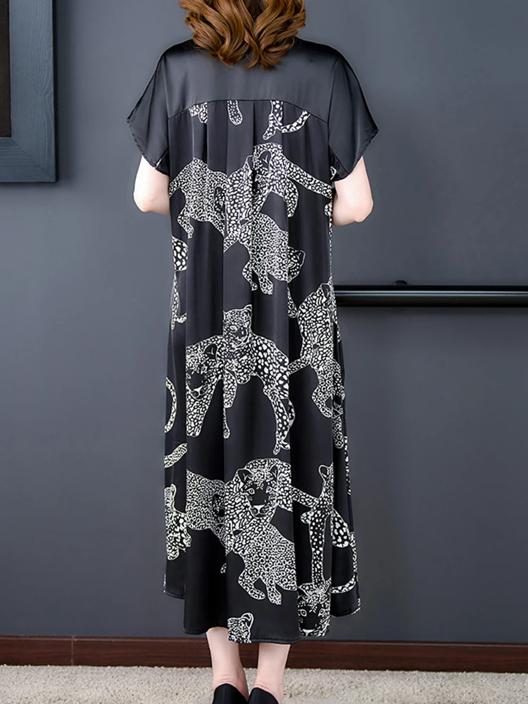 Summer Black Print Natural Silk V-Neck Midi Dress Women Short Sleeve Elegant Bodycon Dress 2024 Korean Vintage Hepburn Vestidos