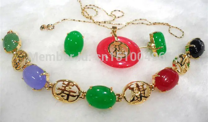 Hot sale      charming green/red jade mixed bracelet/earring/ring set