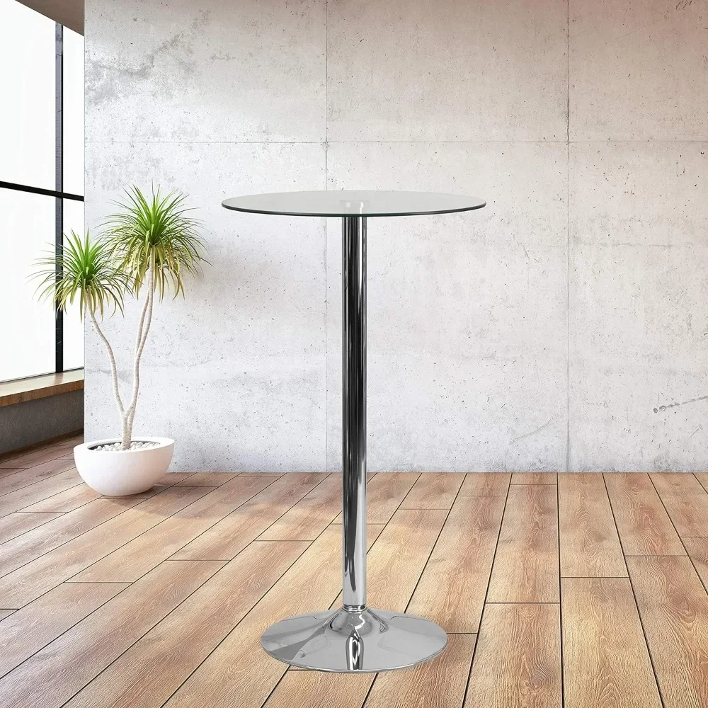 Bartafel 23.5 "Ronde Glazen Tafel Met 35.5" Hoge Chromen Basis