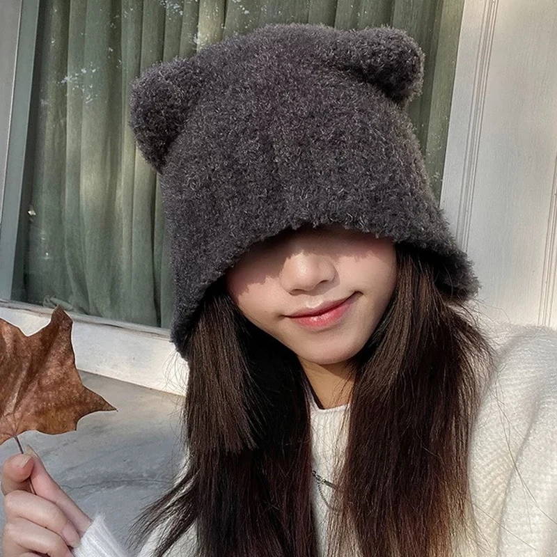 Autumn Winter Cute Safety Bear Hats Beanies Women Keep Warm Thicken Lamb Hat Travel Pullover Caps Ladies Outdoor Windproof Cap