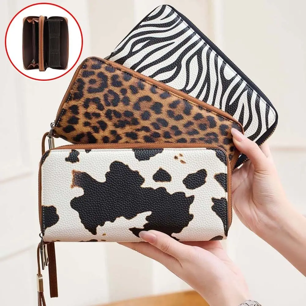 Lady Cards Pouch Portable Leopard Print Long Wallet Solid Color PVC Multiple Cards Purse Cow Print Stripe PU Handheld Bag Men