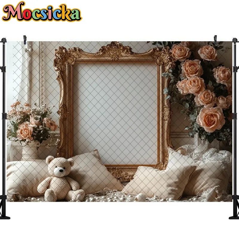 보호 사진 배경 귀여운 장난감 곰 사진 프레임 장식, 신생아 초상화 사진 배경, 스튜디오 소품 배너