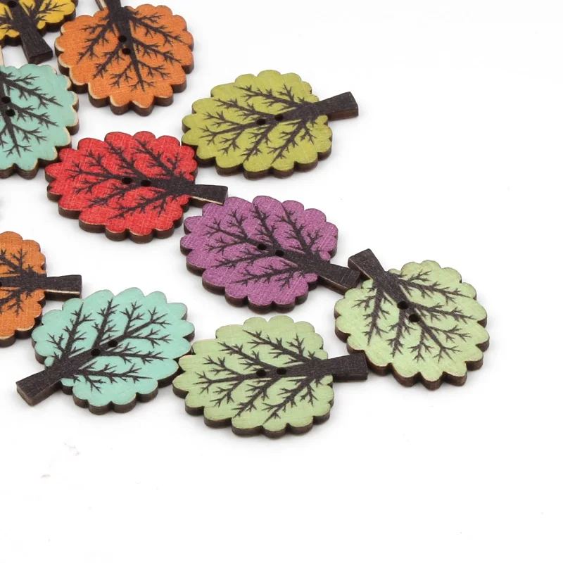 20pcs 30mm Colorful Retro Tree Shape Wooden Buttons For Clothing Sewing Accessories Scrapbooking Crafts DIY botones Decoration