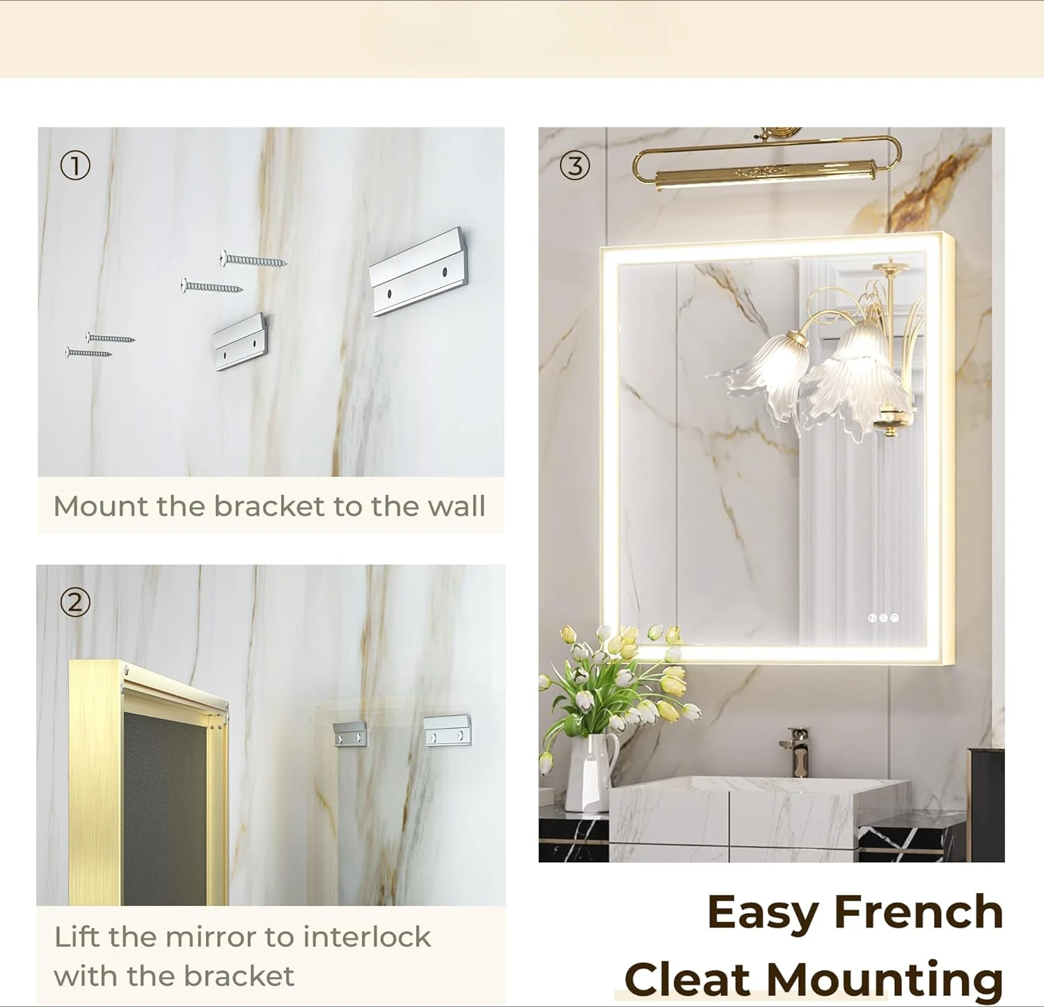 Gold LED Bathroom Mirror 30” x 36” with Frontlit, 45° Angled Light, Beveled Diffuser, Metal Framed Brushed Gold Vanity Mirror