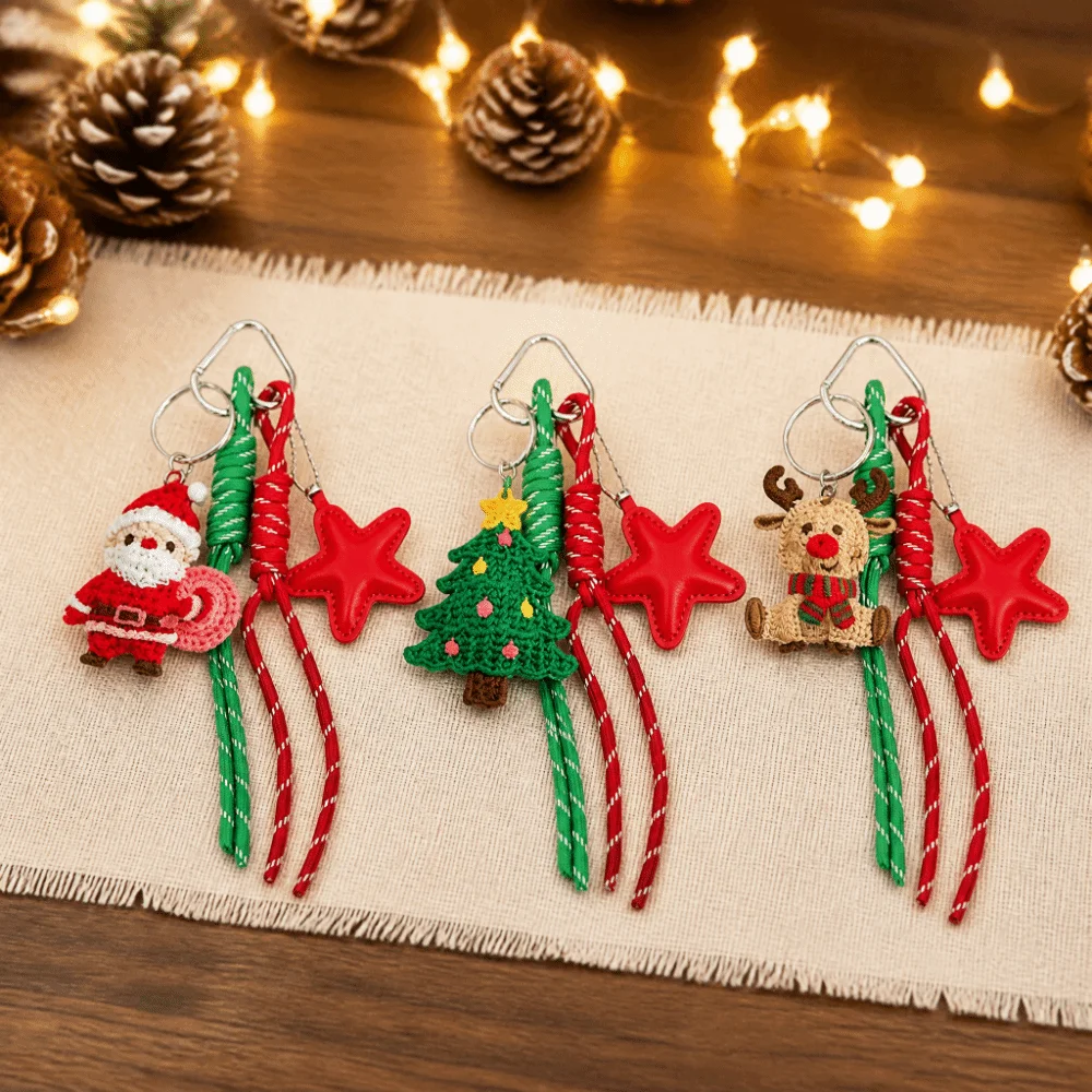 Gestrickter Weihnachtstaschenanhänger, niedlicher Cartoon-Häkel-Schlüsselanhänger, Vintage-Roter-Stern-Weihnachtsmann-Rentier-Anhänger, Weihnachtsstrumpffüller – Detail 5