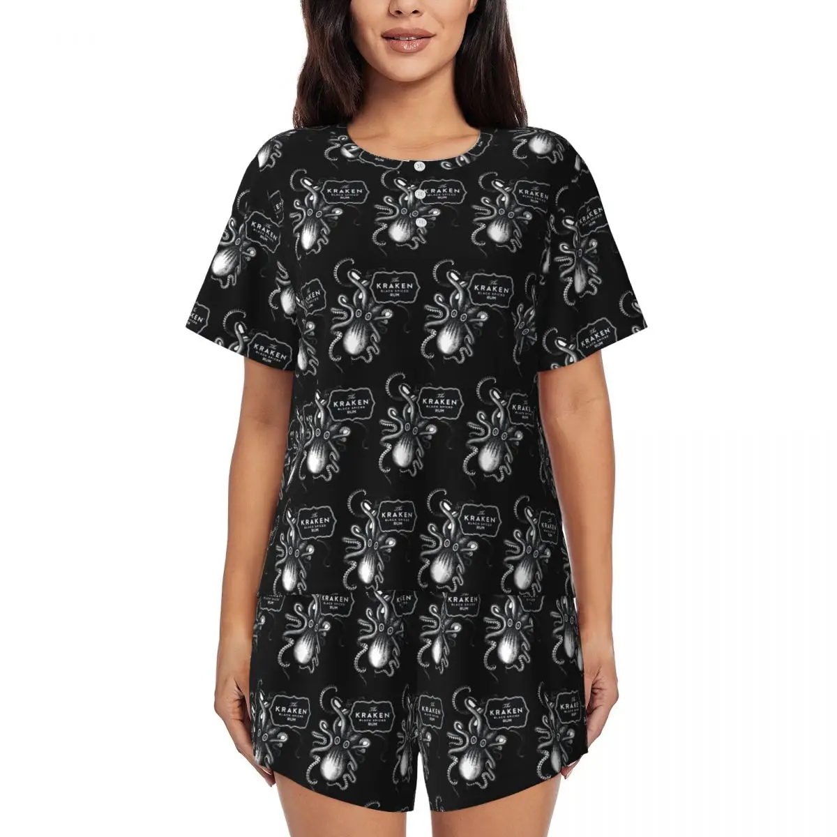 

Ночная рубашка Kraken Rum с круглым вырезом и короткими рукавами для сна, женский свободный пижамный комплект с короткими штанами
