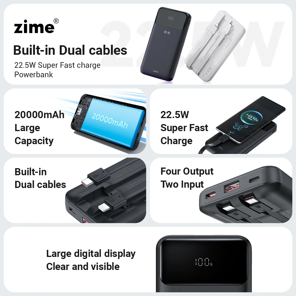 Banco de Energia Portátil com Cabo Integrado, Display Digital, Capacidade da Bateria, Zime, 20000mAh, 22,5 W, Compatível com iPhone 15, 14, 13 Pro