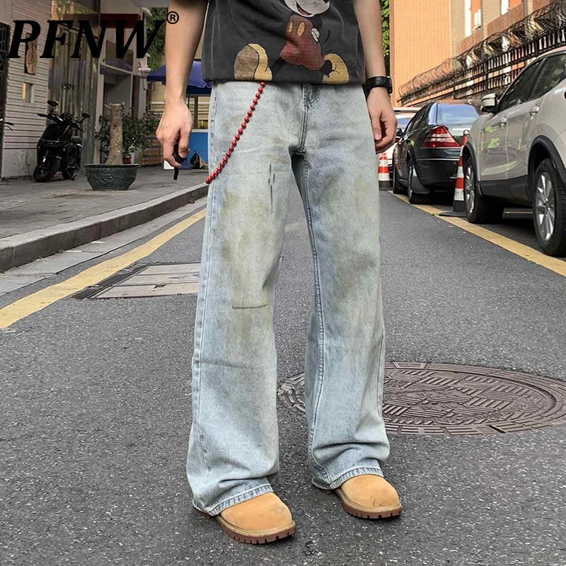 PFNW Menswear Vintage Graffiti With Red Chain Straight Jeans American High Street Loose Dirty Dye Aged Denim Trousers 28W5600