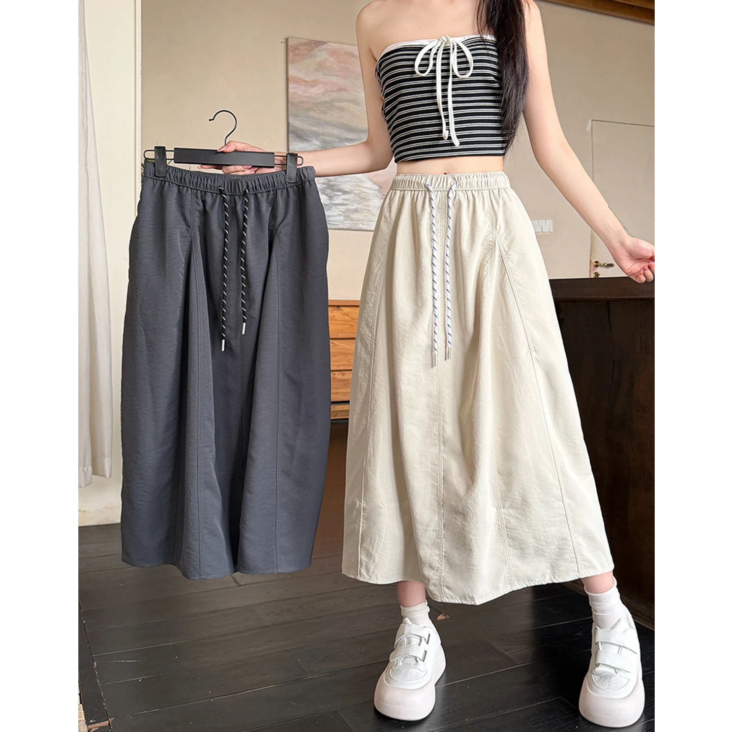 Slimming Loose A-Line  Skirt for Women Summer Thin Quick Dry Pumpkin Flower Bouquet Half Body Skirt Ladies High Waist Pol...