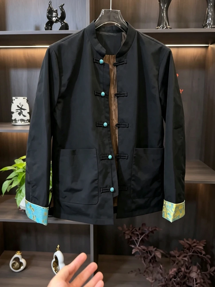 Men's Casual Tang Suit Jacket Fashionable Retro Button Design Chinese Style Loose Fit Long Sleeve Breathable Outerwear