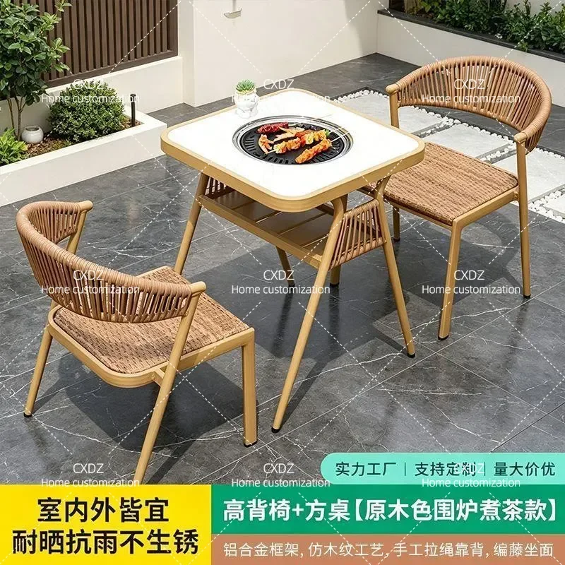 Outdoor Balcony BBQ Table and Chairs Set with Enclosed Charcoal Stove Dual Purpose Tea Coffee Table Furniture for Courtyard