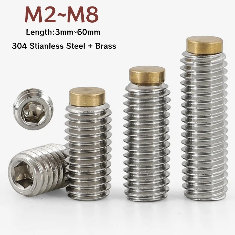 10pcs Hex Socket Set Screw 304 A2 Stianless Steel with Brass Tip Dog Point Grub Convex Headless Bolt M2 M2.5 M3 M4 M5 M6 M8