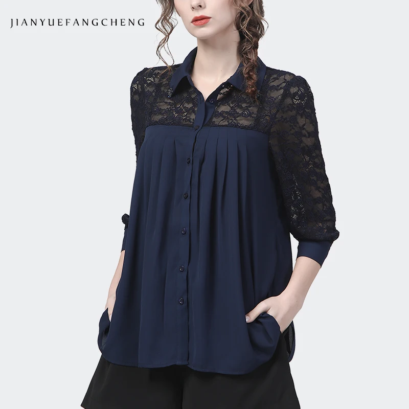 Loose Plus Size Women Hollow Out Blue Lace Blouse 2024 Spring Summer New Half Sleeve Turn-down Collar Cover Belly Tops Shirts