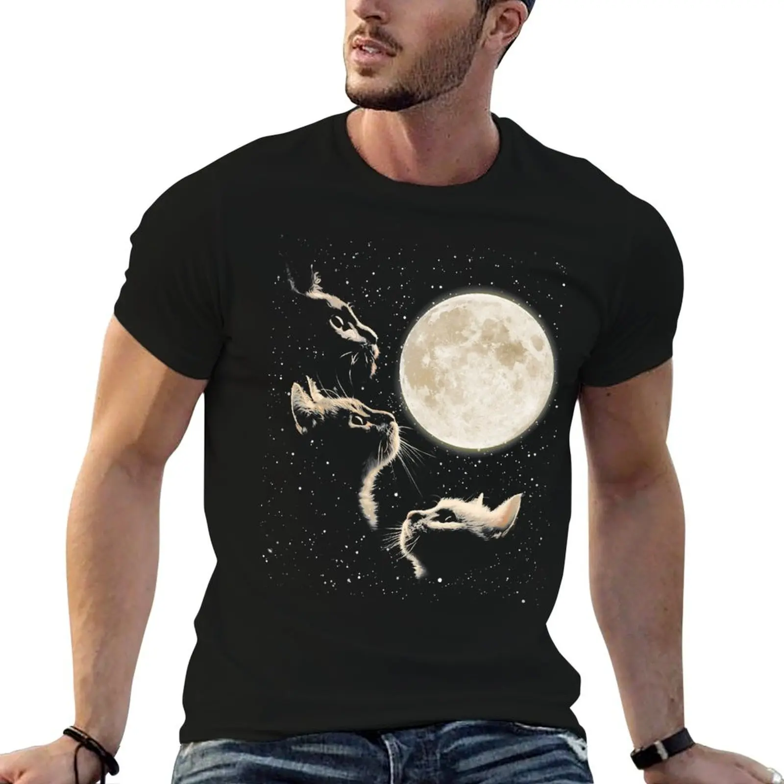 Cat and Moon, Three Cats and Moon, Whole sky, Lover, Cute Cat, Realistic and Real T-Shirt High Elasticity Sports T-Shirt