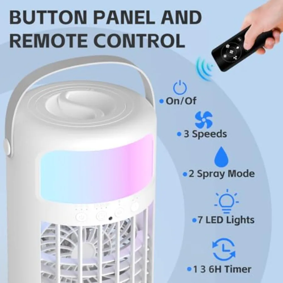Portable Air Conditioner for bedroom office home use, ABS plastic body, white color, 4-in-1 cooling with ice tray, 3 speeds, 15