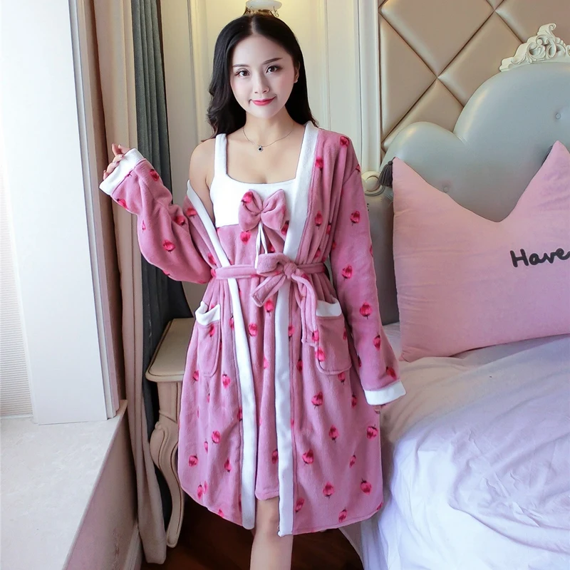 

Зимние 2 шт., сексуальные толстые теплые фланелевые ночные рубашки, комплекты халатов для женщин, корейская милая одежда для сна из кораллового флиса, халат, костюм, ночное платье
