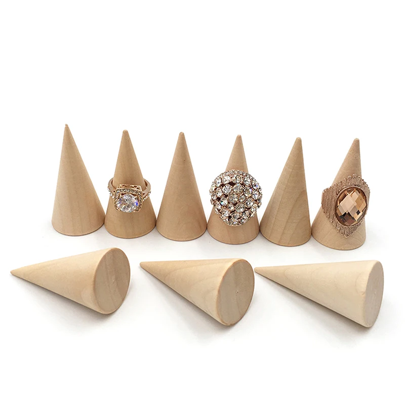 Vintage Natural Unpainted Wood Finger Cone Ring Holder  Jewelry Display Stand Organizer Storage Rack Showcase for Exhibit