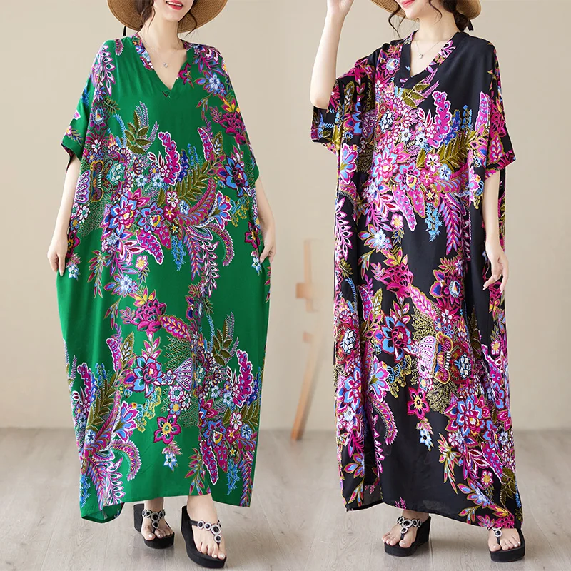 Falda Larga de Seda con Cuello en V para Verano, Estilo Vacacional, Hoada, Talla ande, Ropa que Disimula la Figura, Dobla...
