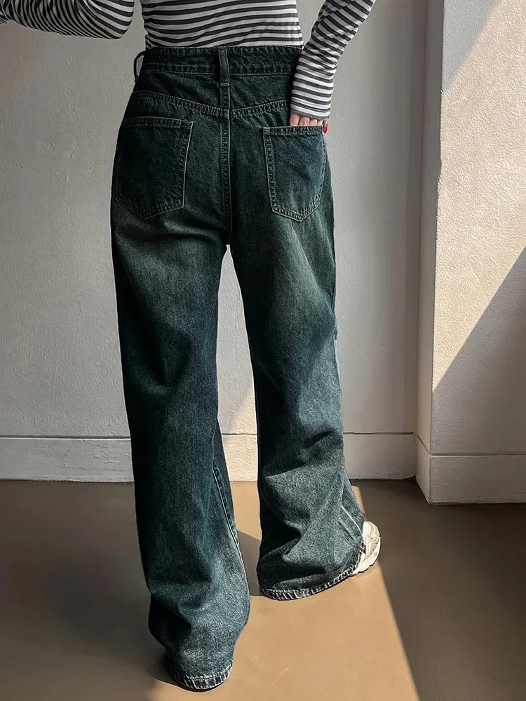 Hot Sale Women Korean Straight Leg Jeans Female Retro Solid High Waist Denim Pants Lady Fashion Baggy Casual Trousers