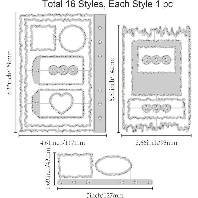 3szt Torn Edge Journal Cut Dies Photo Planners Cutting Dies Elegant Frame Memory Metal Embossing Stencil for Card Making