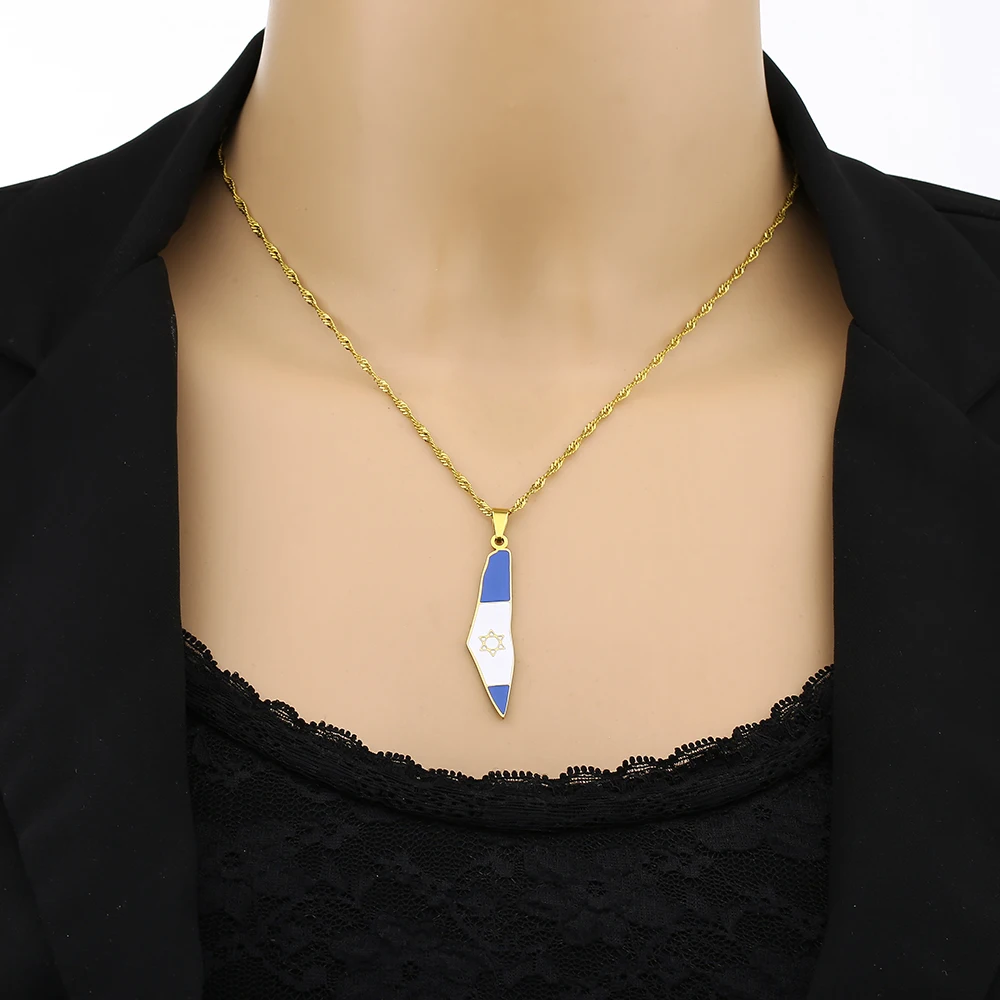 قلادة بدلاية من الفولاذ المقاوم للصدأ للرجال والنساء ، لون ذهبي وفضي ، خريطة إسرائيل ، مجوهرات العلم ، هدية المجموعات العرقية ، الموضة