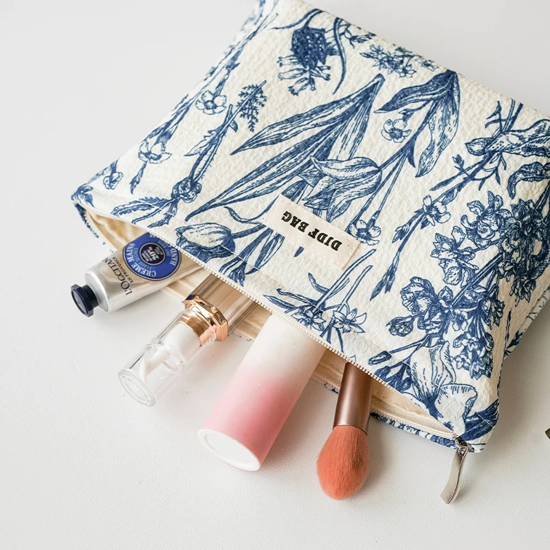 Blauw en wit porseleinen make-uptasje voor dames, cosmetica-opbergtas met grote capaciteit, draagbare toilettas met ritssluiting